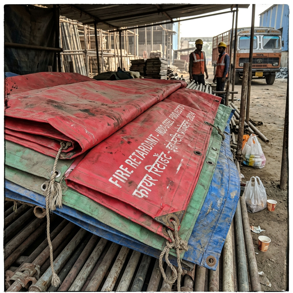 Fire-Retardant Tarpaulins — DIN 4102 B1 / IS 15061 fire-retardant PVC for regulated sites.