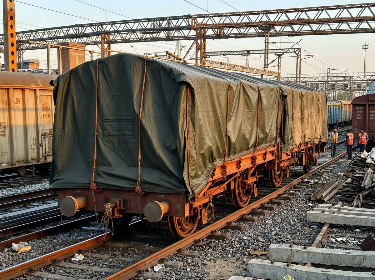 Railway Wagon Covers — Heavy IR-approved wagon tarpaulins for cement, fertiliser and food-grade freight.